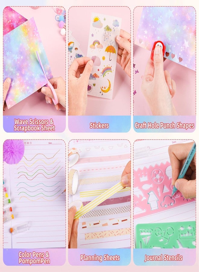LiYiQ Plush Unicorn Diary Gift Travel Journal Secret Diary with Scrapbook Paper Stickers Journal Stencils Pompom Pen and Washi Tape Practical Set Gift for Birthday Christmas - Image 4